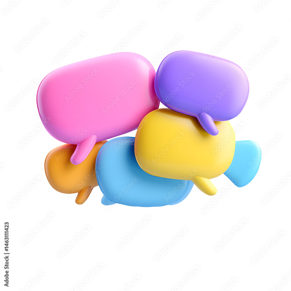 Poster colorful 3d pastel message bubbles floating with clean soft edges and an ellipsis inside giving a vi