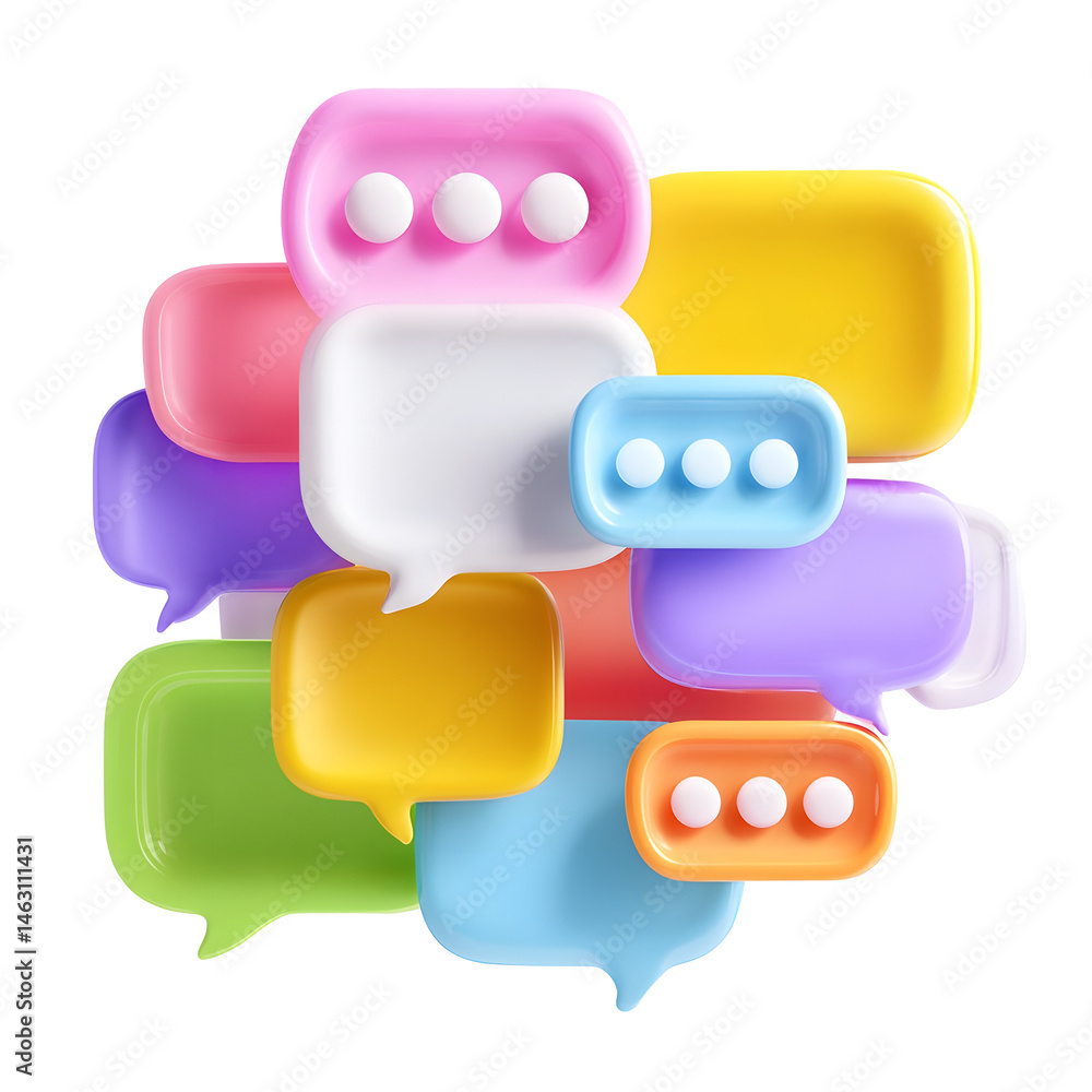 Poster Vibrant pastel colored message bubbles with soft edges and ellipsis symbols hovering and suspended in a minimalist clean white space