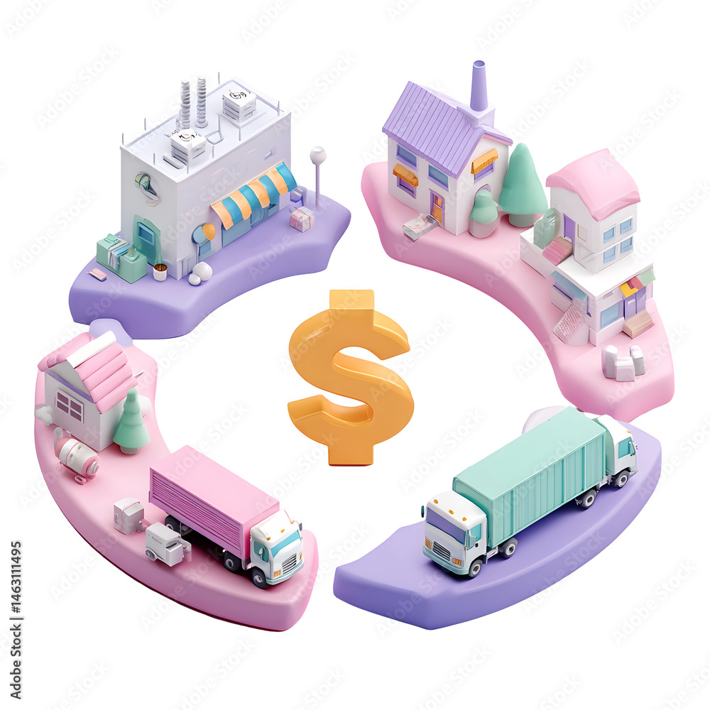 Poster a colorful pastel toned 3d depicting the interconnected elements of a supply chain system including 