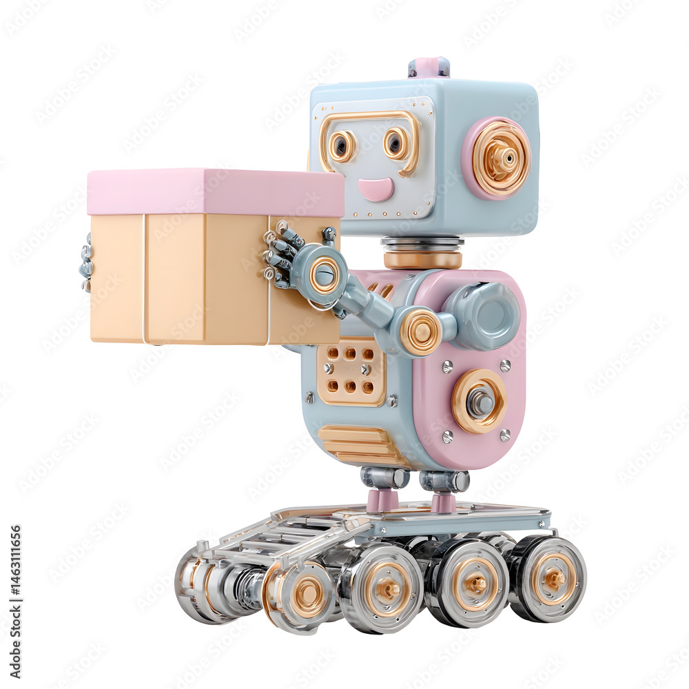 Poster A whimsical 3D rendered robot in pastel colors gently lifting a cube shaped box with its smooth robotic gripper moving on a set of round conveyor wheels in a futuristic conceptual factory setting