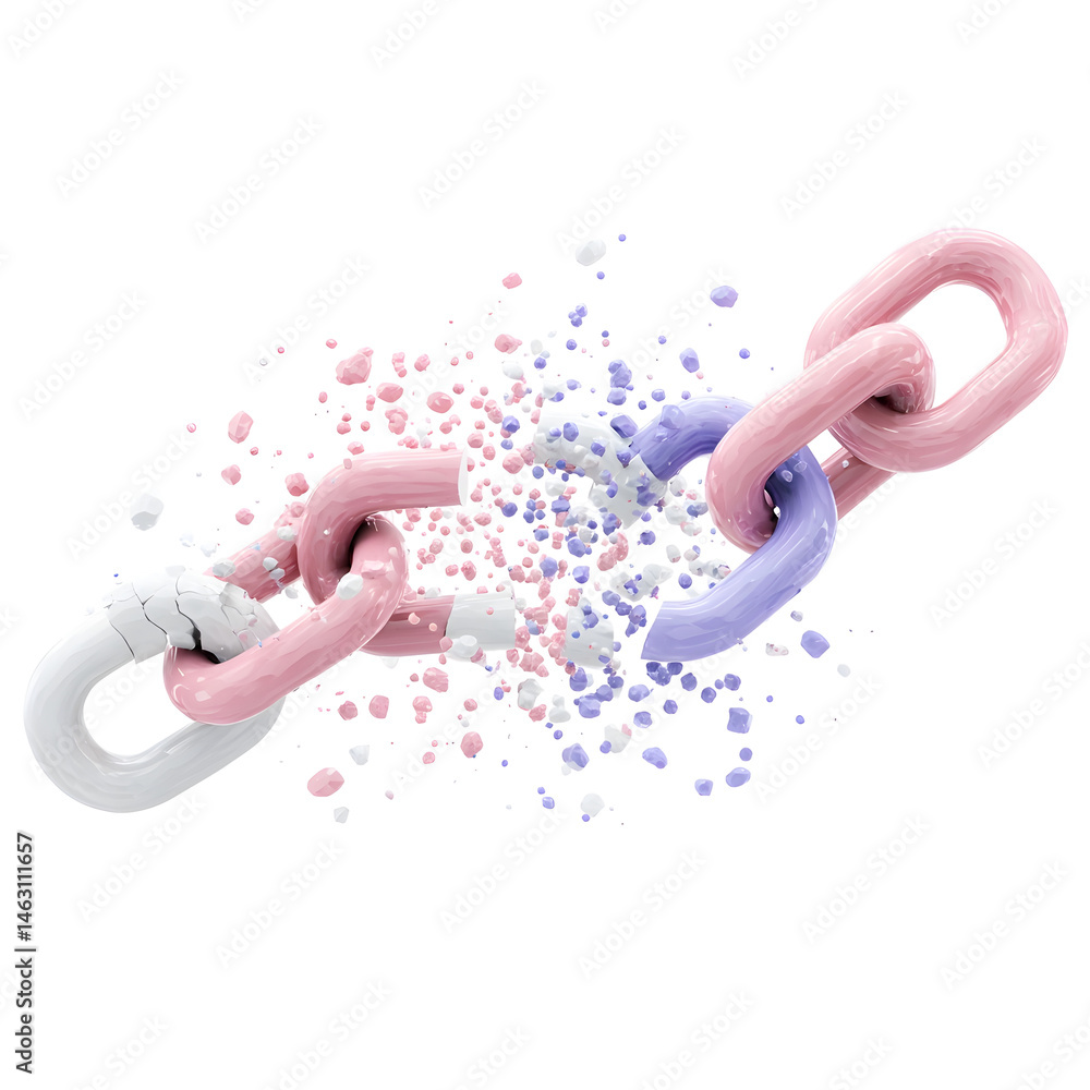 Aufkleber Vibrant pastel colored 3D visual of a chain link breaking apart with dotted fragments scattering and flying in a dynamic abstract composition