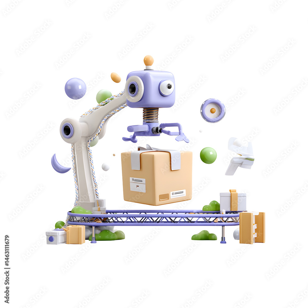 Poster pastel colored 3d of a friendly robotic mechanism gently lifting a parcel off a moving conveyor belt