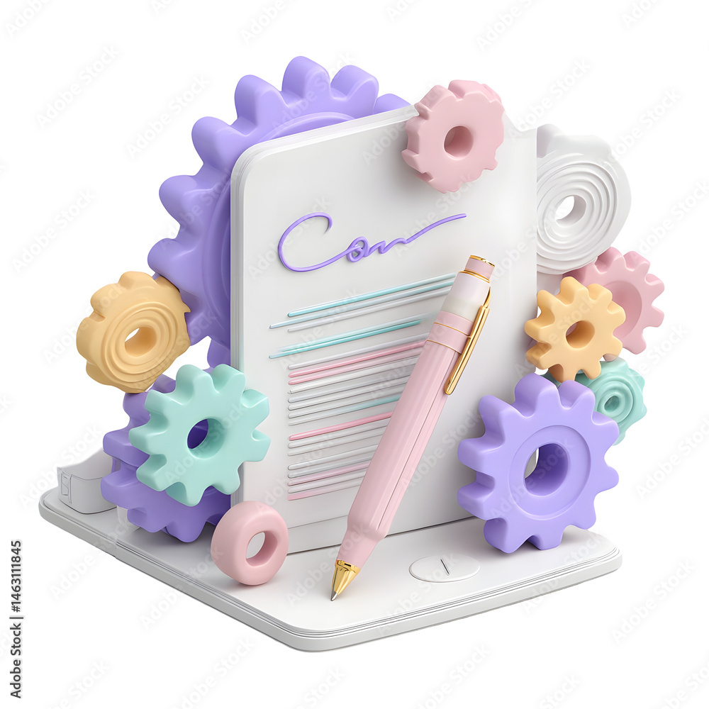 Leinwandbilder bright pastel toned 3d render of an administrative form with engineering gear icons and a pen for si