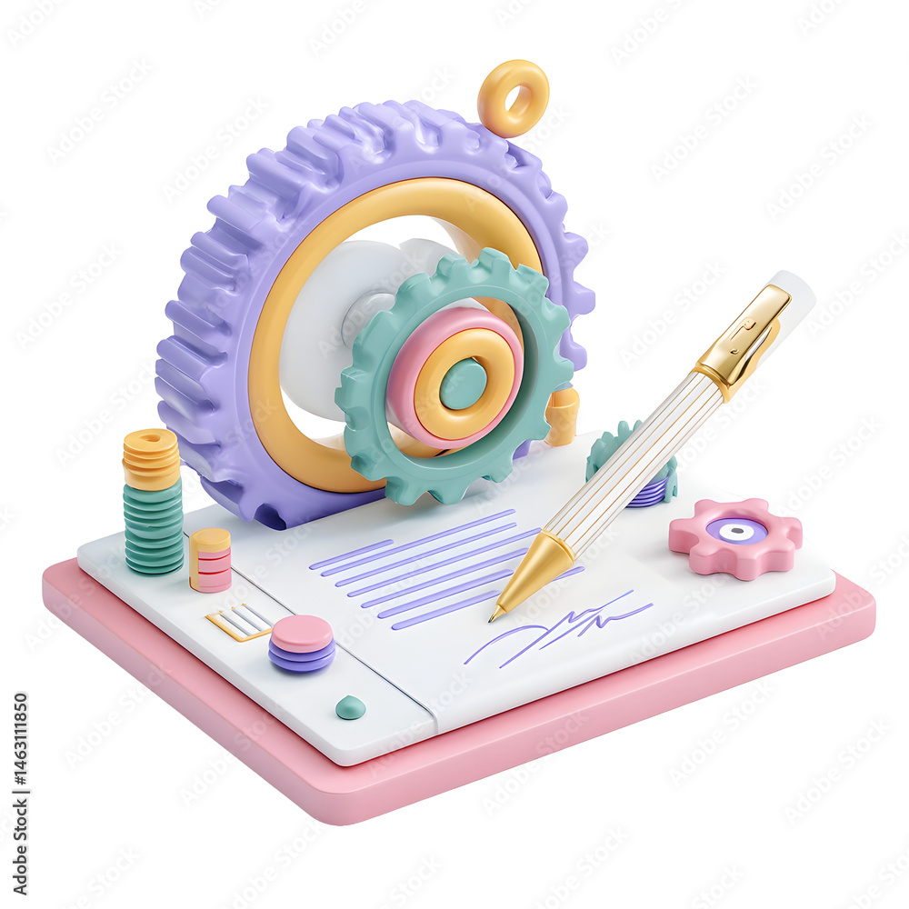 Poster playful 3d pastel style representation of a mechanical gear and colorful office supplies symbolizing