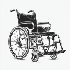 Detailed black and white illustration of a wheelchair on a clean white background.