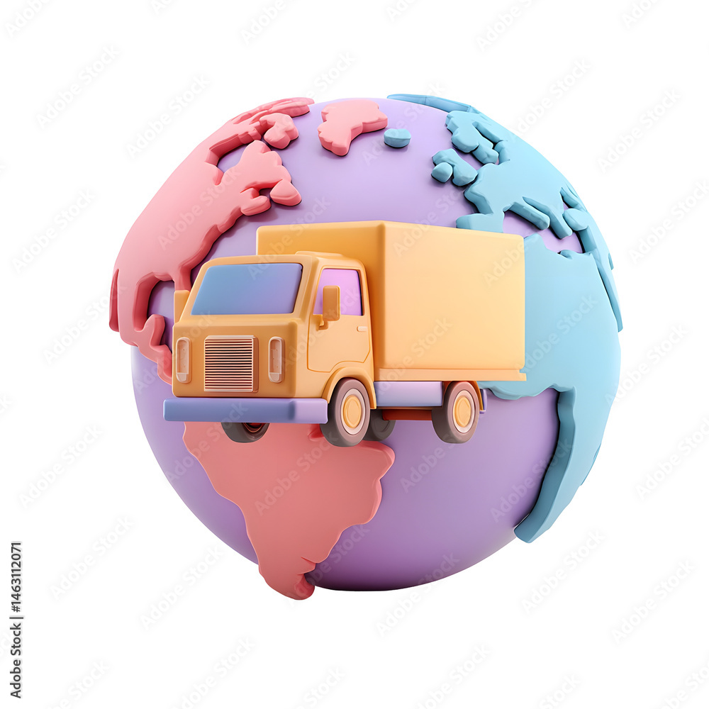 Poster a vibrant 3d pastel depicting a delivery truck navigating the world representing the interconnected 