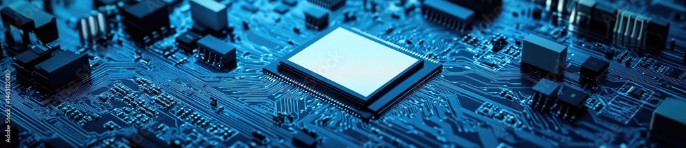 Poster a close-up view of a modern microprocessor on a detailed blue circuit board. showcasing intricate el