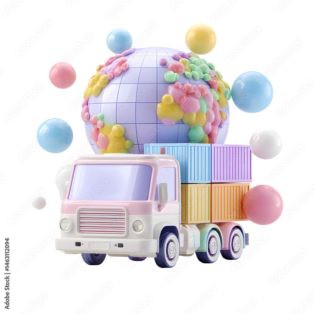 Aufkleber A playful and modern 3D render of a pastel colored logistics truck floating against a clean white background with a colorful globe representing international shipping and cross border transport