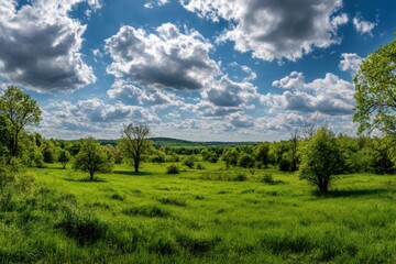 Fototapeta premium A scenic view of a green field with trees and cloudy blue sky above