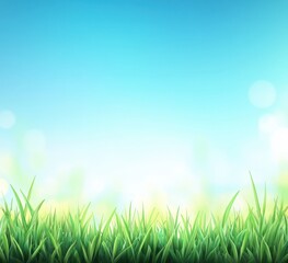 Lush green grass meets a bright, clear sky.  A tranquil, spring-like scene with soft sunlight and bokeh