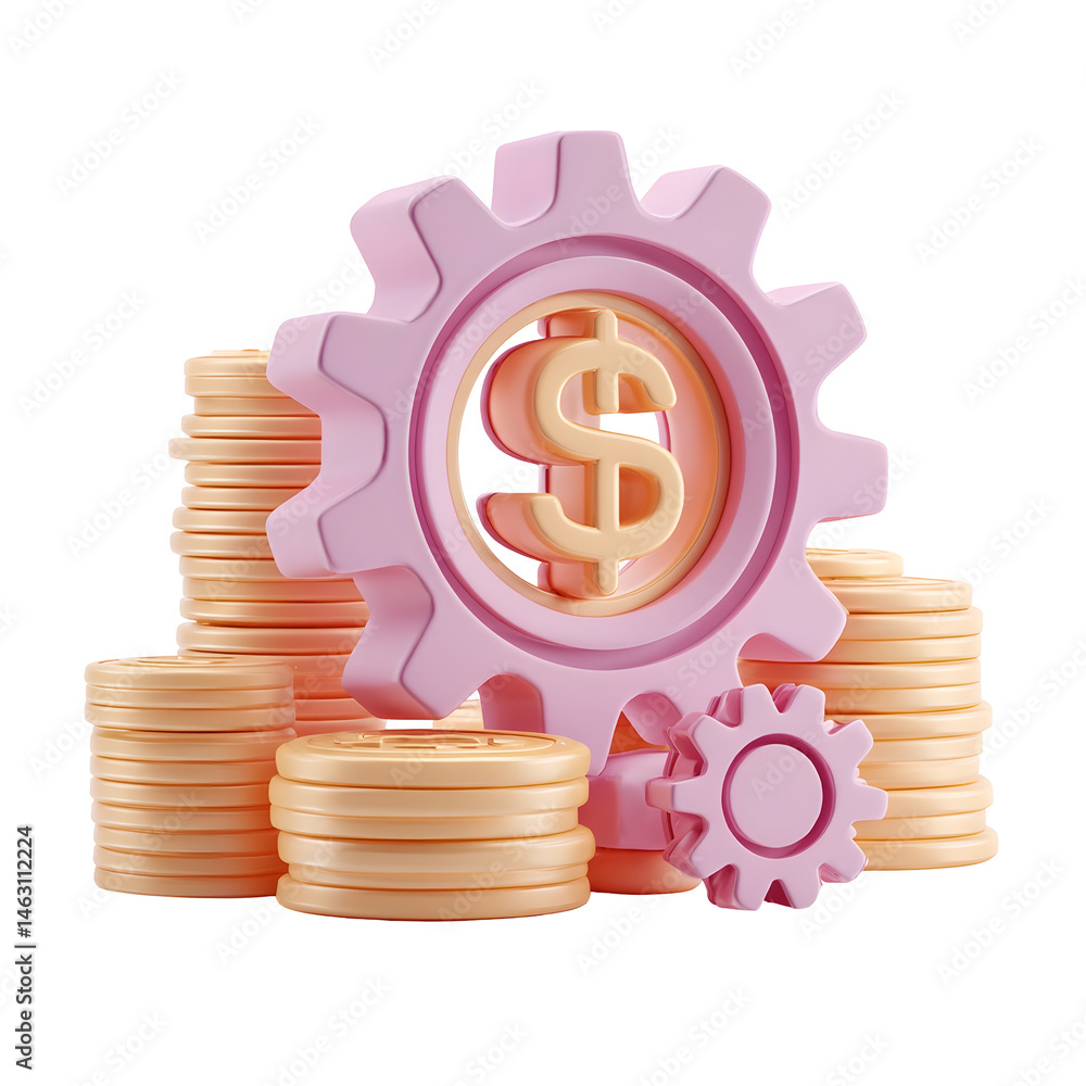 Poster vibrant 3d pastel depicting a gear mechanism and stacks of coins with a dollar symbol symbolizing th
