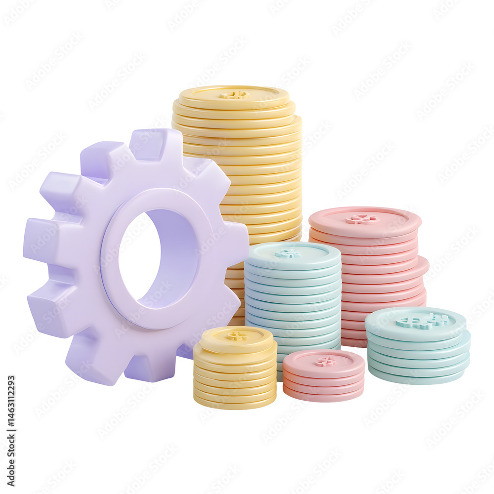Aufkleber soft hued 3d depiction of a stack of coins beside a stylized gear representing the finance and indus