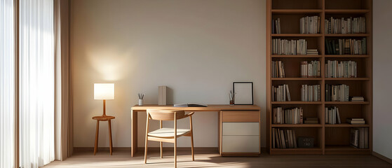 Minimalist Wooden Study Room With Bookshelves