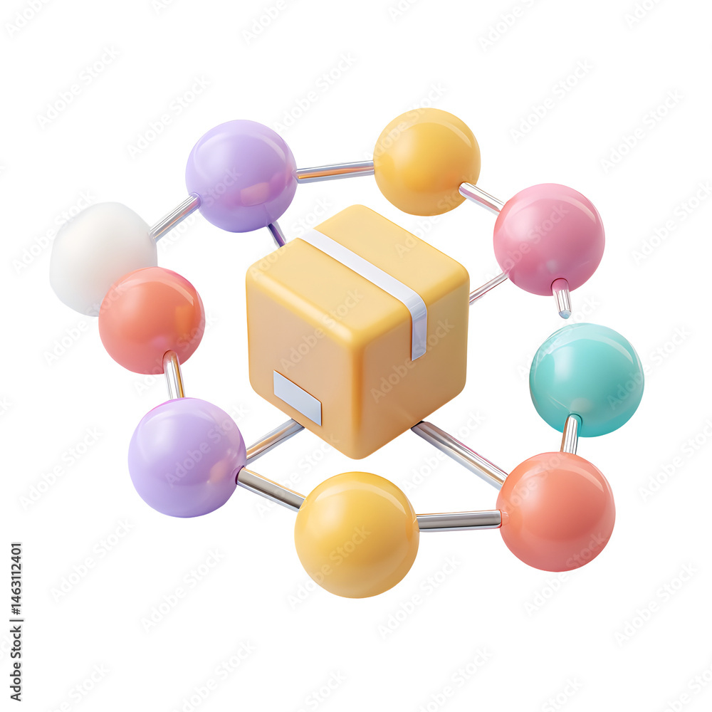 Poster A 3D pastel depicting a package cube surrounded by a network of interconnected spherical nodes representing a vibrant and efficient logistics distribution system
