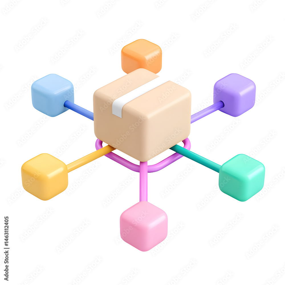 Poster a 3d pastel colored depicting a parcel box surrounded by a vibrant network of connected nodes repres