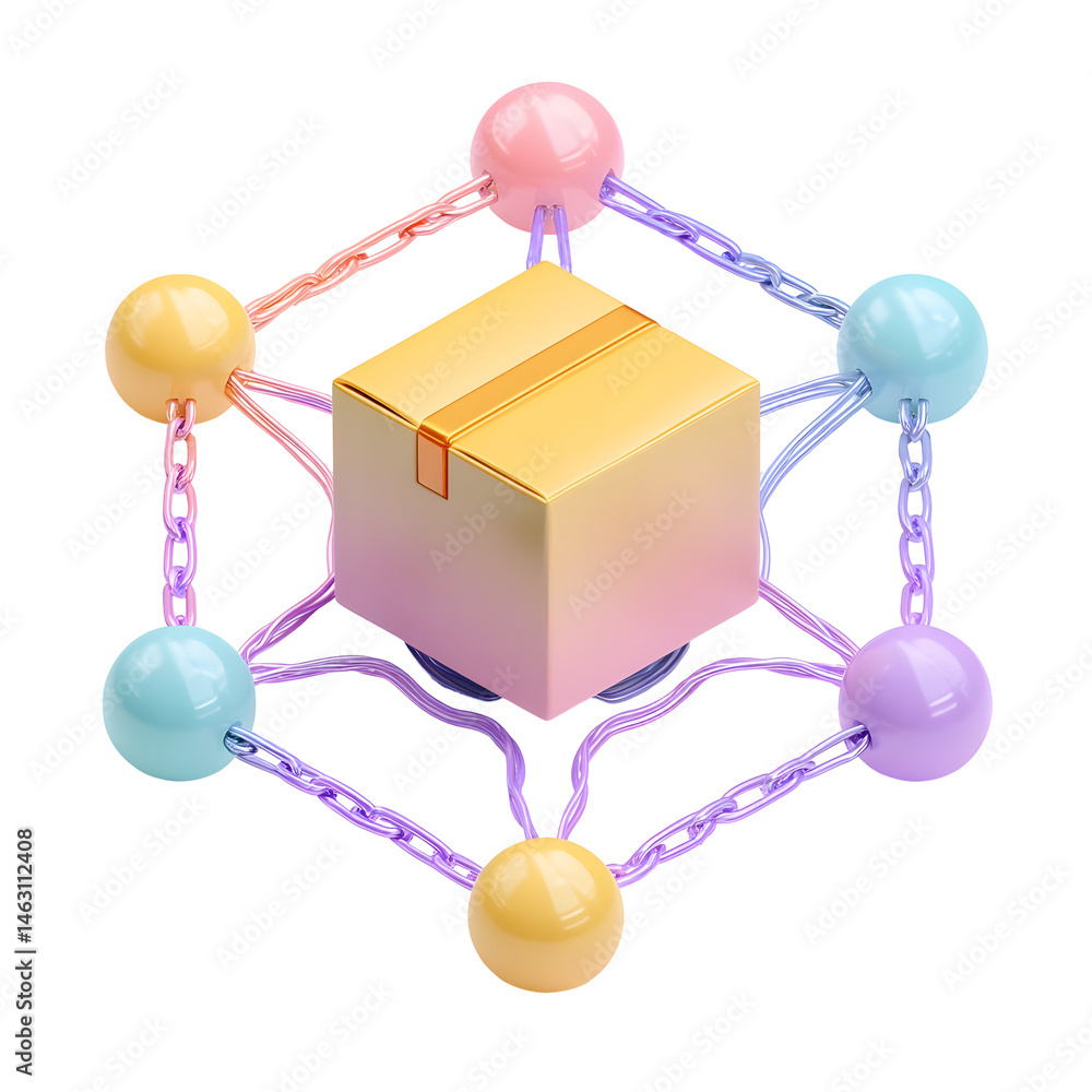 Poster 3d pastel of a parcel box surrounded by a vibrant network of connected nodes representing a modern l