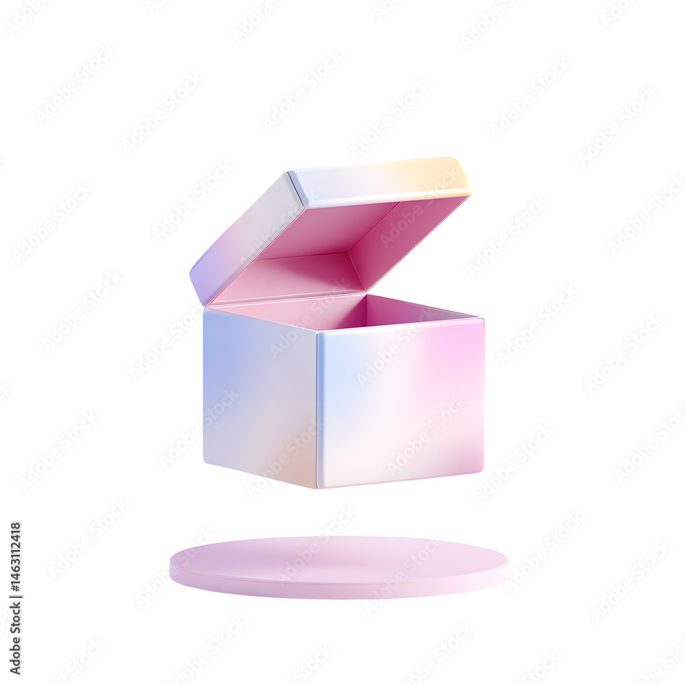 Poster A bright pastel colored 3D render of an opened shipping box with smooth edges floating on a clean white background symbolizing the packaging and delivery of ecommerce products