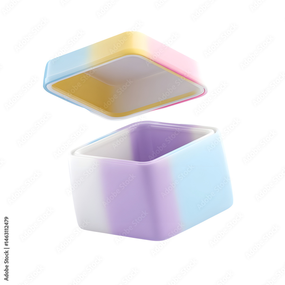 Poster vibrant pastel colored 3d box with a soft open lid evoking a sense of modern minimalist storage or d