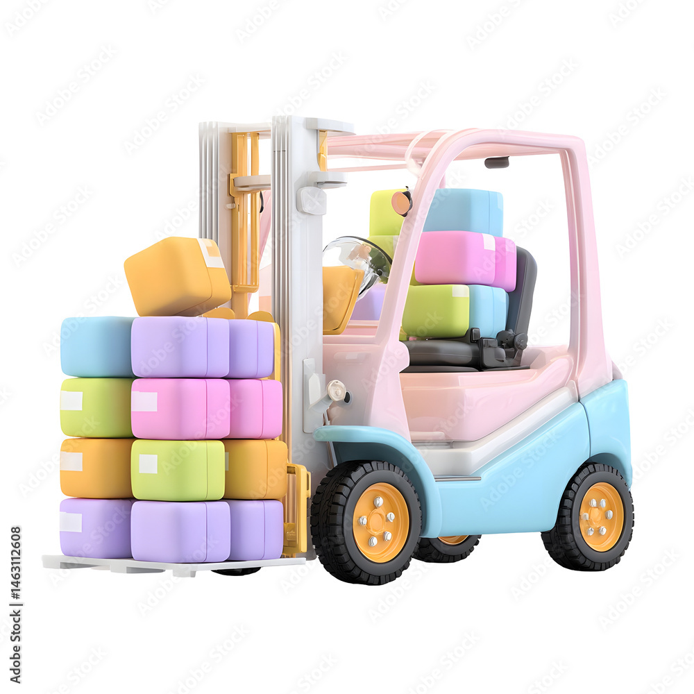Aufkleber a colorful 3d render of a pastel toned forklift transporting a stack of geometric blocks in a minima