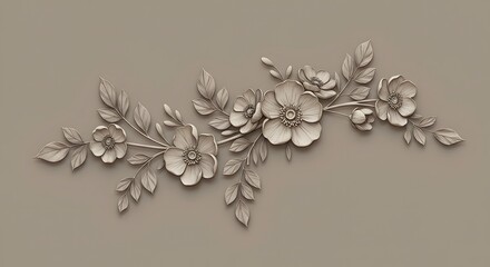 Floral Arrangement with Relief Flowers and Leaves on Neutral Background