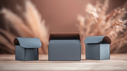 Three elegant gray packaging boxes arranged on a wooden surface with soft, blurred background