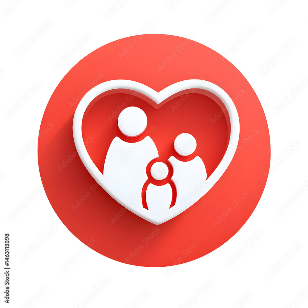 Aufkleber A simple abstract icon depicting a family silhouette within a heart shaped form floating inside a red circular bubble against a clean white background