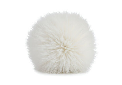 A fluffy white pom pom isolated on a white background in a studio setting with soft lighting effects
