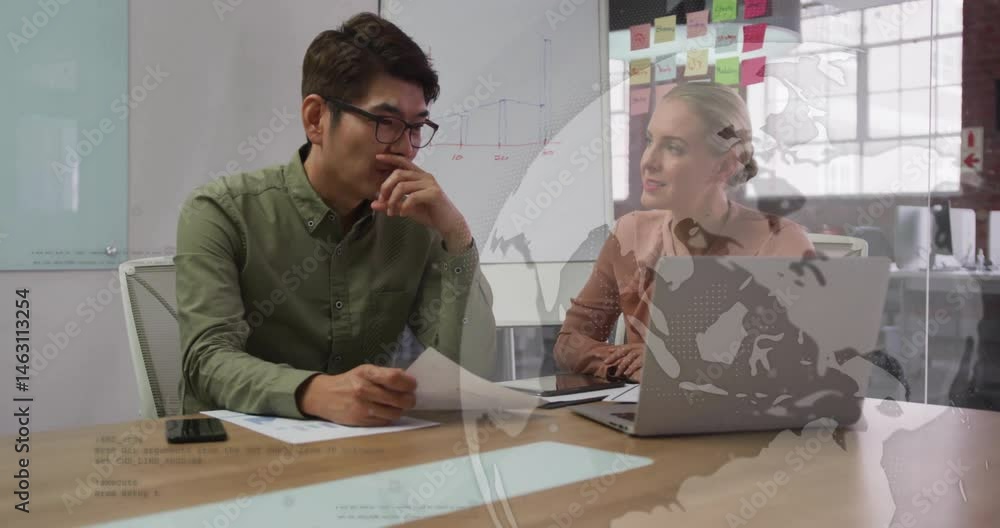 Aufkleber coworkers discussing business reports at table, showing animated chart and floating sticky notes