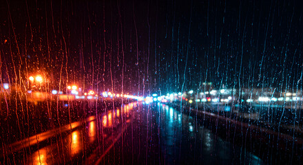 City Lights Reflected Through Raindrops on a Window at Night