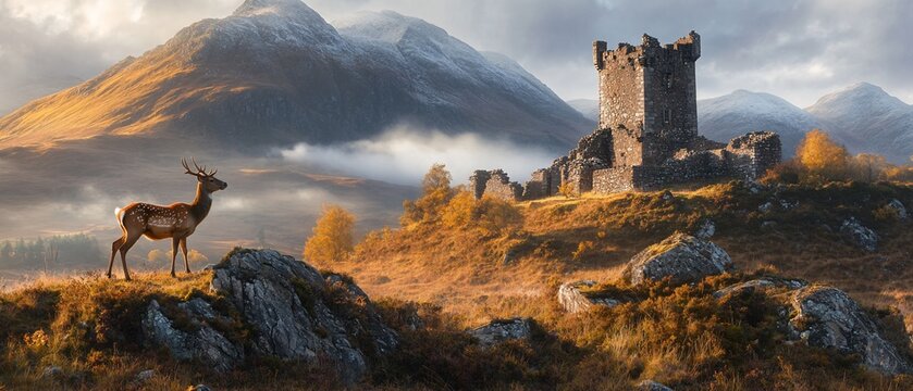 Majestic deer by autumnal castle ruins in misty highlands