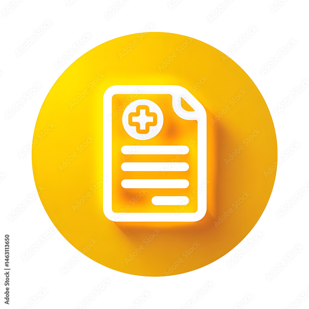 Poster minimalist glowing white icon of a healthcare insurance document or form inside a circular yellow bu