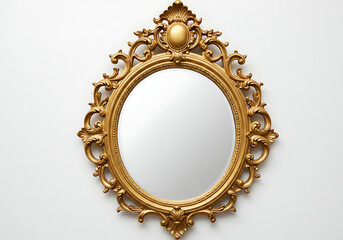 A golden ornate oval mirror hanging on a white wall with decorative details and a clear reflection