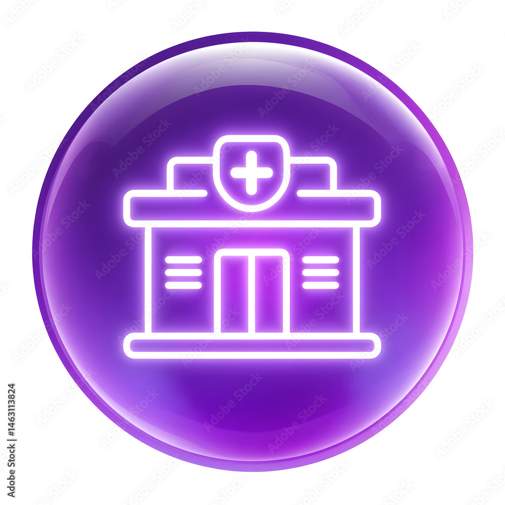 Poster minimalist neon style icon depicting the front view of a healthcare facility with a glowing cross sy
