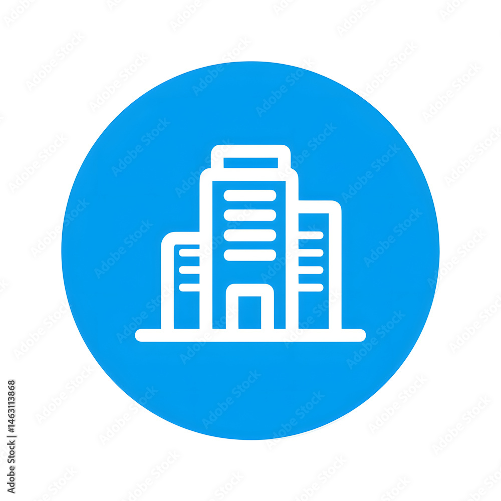 Poster a simple white icon of a compact medical or healthcare building centered in a blue circular backgrou