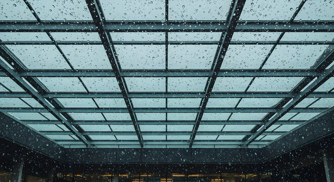 Geometric Canopy Drenched In Rain Underneath A Steel Structure And Glass