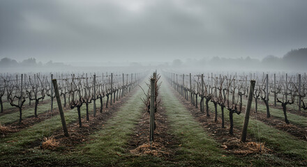 Vineyard Serenity: Tranquil Rows of Vines in Misty Winter Landscape