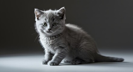 Obraz premium Gray Kitten Sitting on Grey Background Looking at the Camera