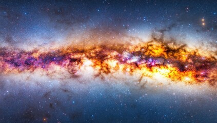 Vast expanse of the Milky Way galaxy, a cosmic river of stars, nebulae, and gas clouds. Colorful bands of light, dark space, and countless stars