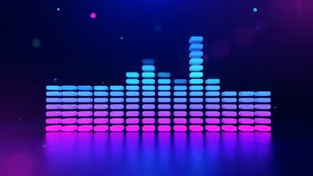 Animated Audio Spectrum Equalizer with Neon Blue and Pink Bars on Reflective Surface