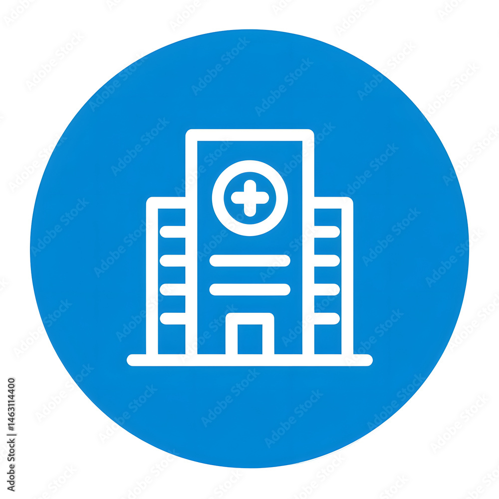 Poster stylized icon of a minimalist healthcare building or clinic with a central cross or plus sign elemen