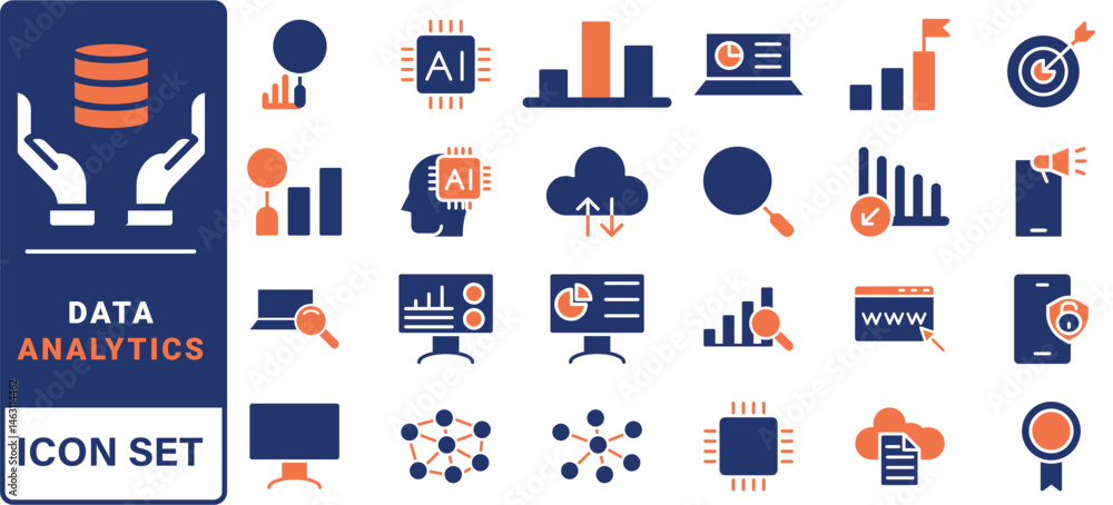 Poster data driven line icon set. editable stroke. containing as big data, data mining, algorithm, analytic