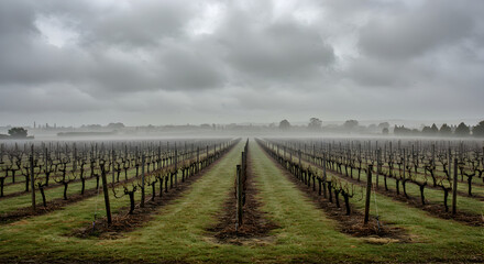 Naklejka premium Vineyard Under Moody Skies: Winter Row Landscape And Misty Horizon
