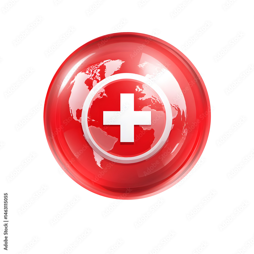 Aufkleber 3d of a minimalist red circular bubble containing a white medical cross and a globe representing int