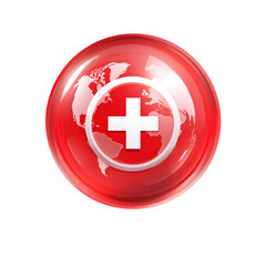 Obraz premium 3D of a minimalist red circular bubble containing a white medical cross and a globe representing international healthcare and emergency assistance