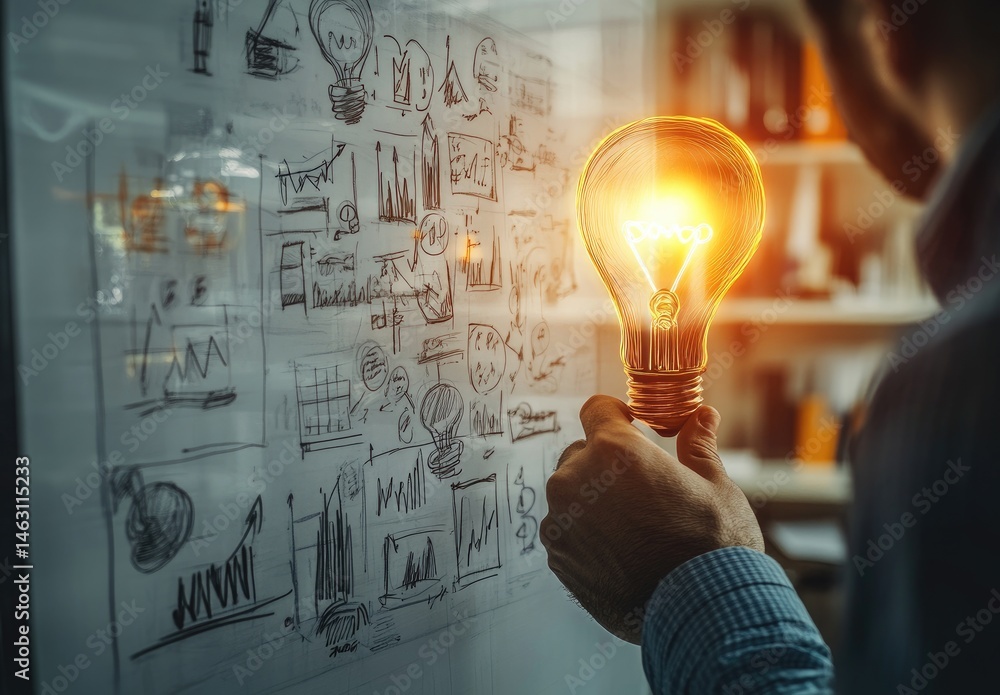 Poster a man holding a glowing light bulb in a creative workspace filled with sketches and notes. symbolizi