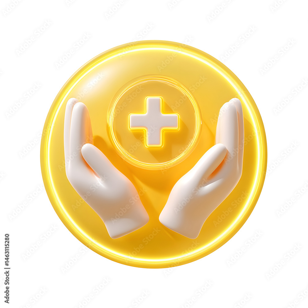 Poster a 3d minimalist and glowing icon depicting hands gently holding and protecting a circular medical cr