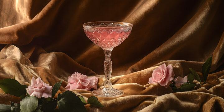 Cocktail Euphoria Still Life, Velvet Smooth Rose Dream, Crystal Glass Elixir, Liquid Jewel, Luxe Beverage Art, Rose Petal Touch