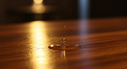 Ephemeral Moment of Liquid Dance: Golden Droplet on Wooden Surface