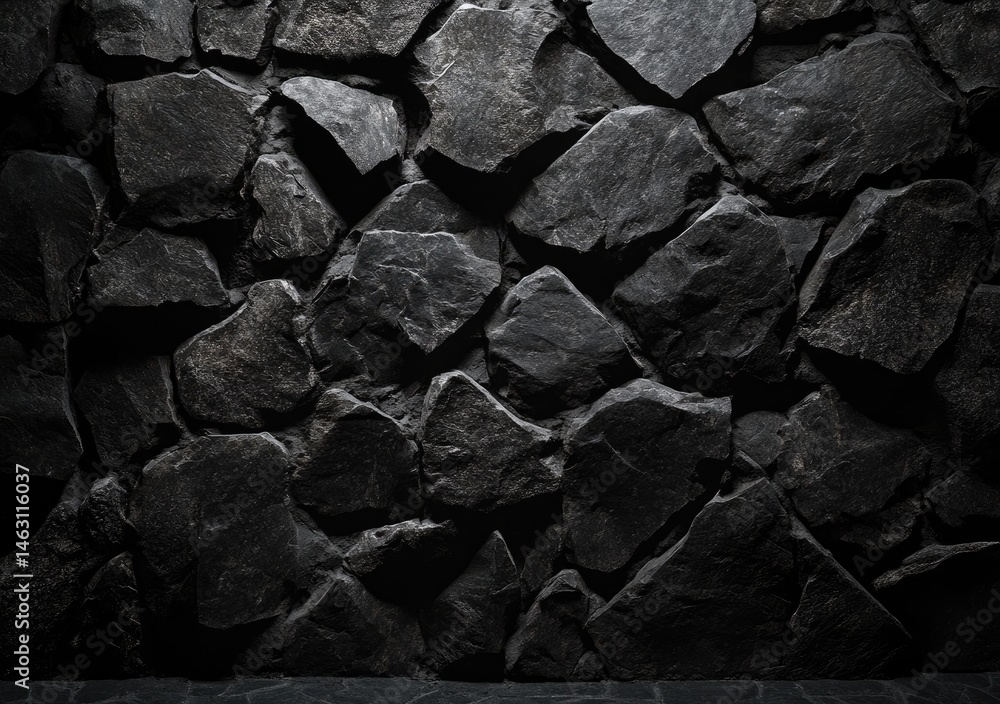 Poster a dramatic close-up of a textured black slate wall with scattered broken pieces on the ground. creat