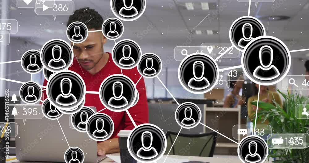 Poster man typing on laptop in technology office, with floating avatar icons and connection lines